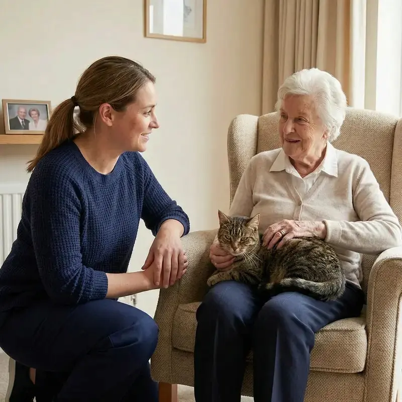 Auxiliaire de vie en tenue civile échangeant avec une dame âgée et son chat à domicile, illustrant l'accompagnement du lien animalier et la bientraitance en SAAD