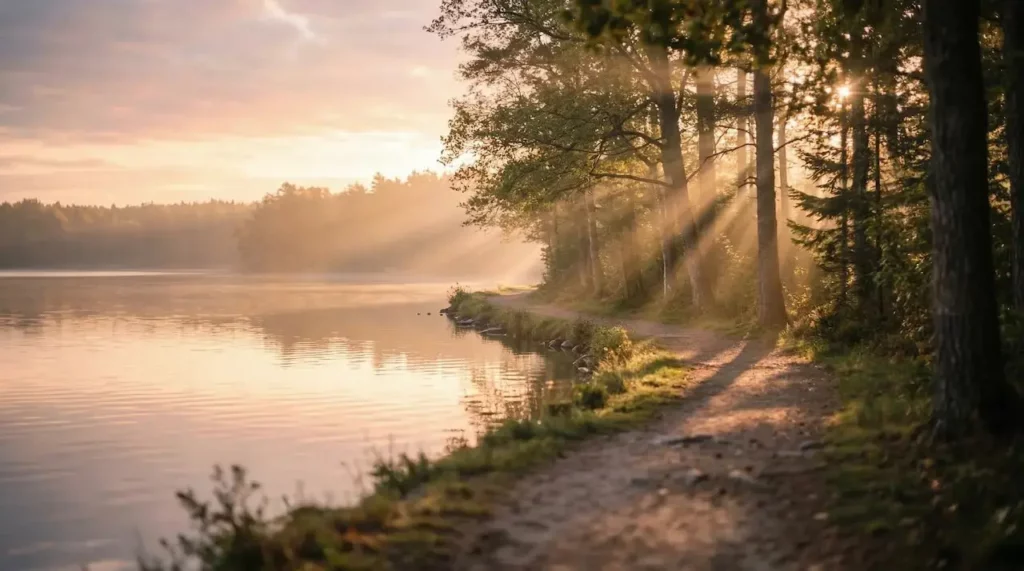 Paysage apaisant d'un sentier bordant un lac au lever du soleil, symbolisant le chemin de résilience après le deuil animalier.