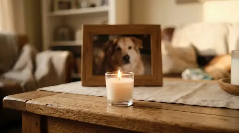 Une bougie allumée devant le cadre photo flou d'un chien, illustrant un rituel de deuil animalier.