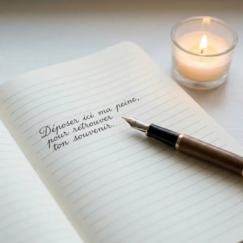 Rituel de mémoire pour apaiser la culpabilité après la mort de son animal. Un stylo plume et une bougie allumée. Calligraphie lisible en français : Déposer ici ma peine, pour retrouver ton souvenir.