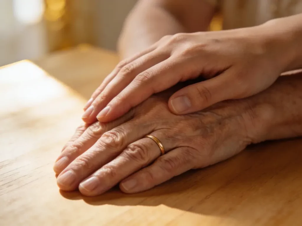 Deux mains posées l'une sur l'autre — accompagnement bienveillant en période de deuil animalier
