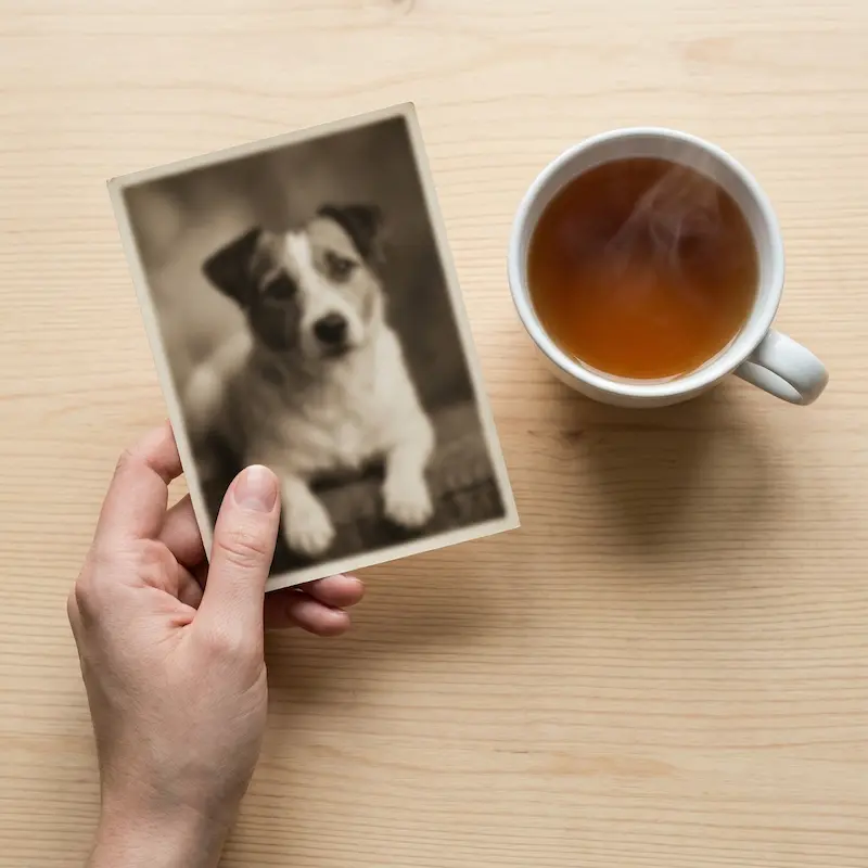Se sentir coupable après la mort de son animal : une personne regarde avec nostalgie la photo de son chien disparu