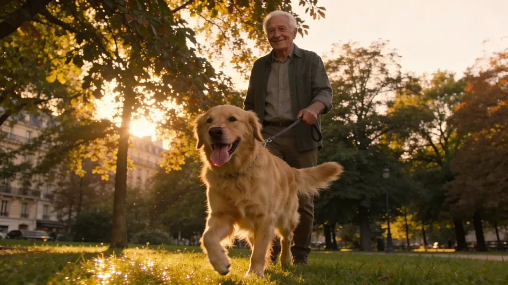 Senior promenant son chien au parc — lien affectif fort avant le deuil animalier
