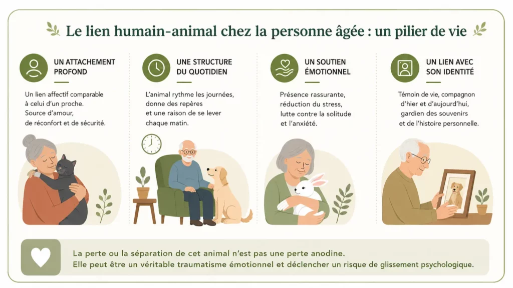 Infographie sur le lien humain-animal chez les aînés, un enjeu de bientraitance globale.