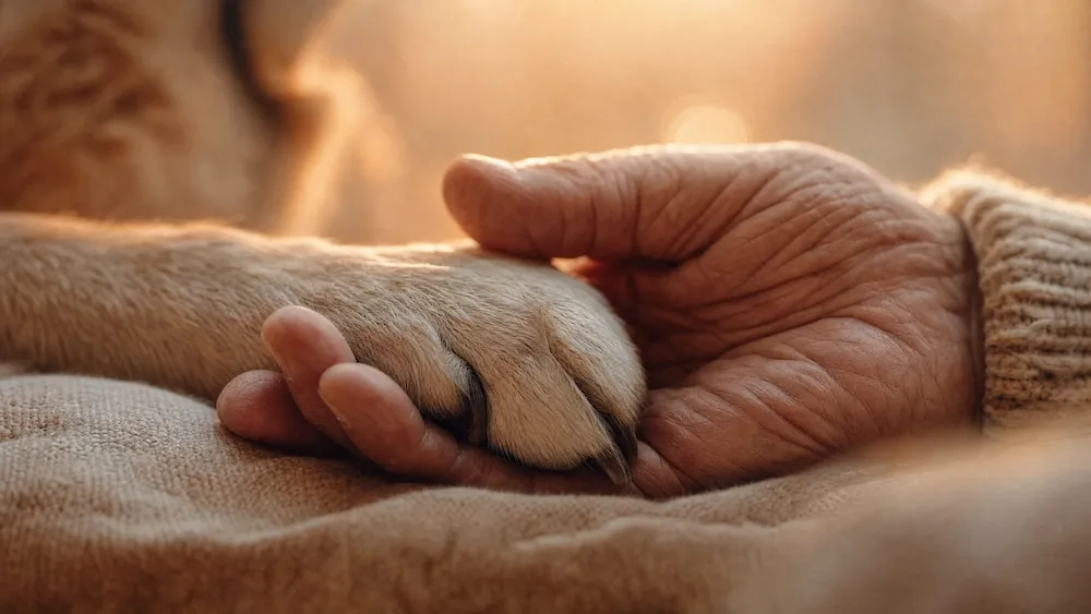 Gros plan poétique sur une main humaine tenant doucement la patte d'un chien, symbolisant l'amour inconditionnel et les souvenirs précieux.