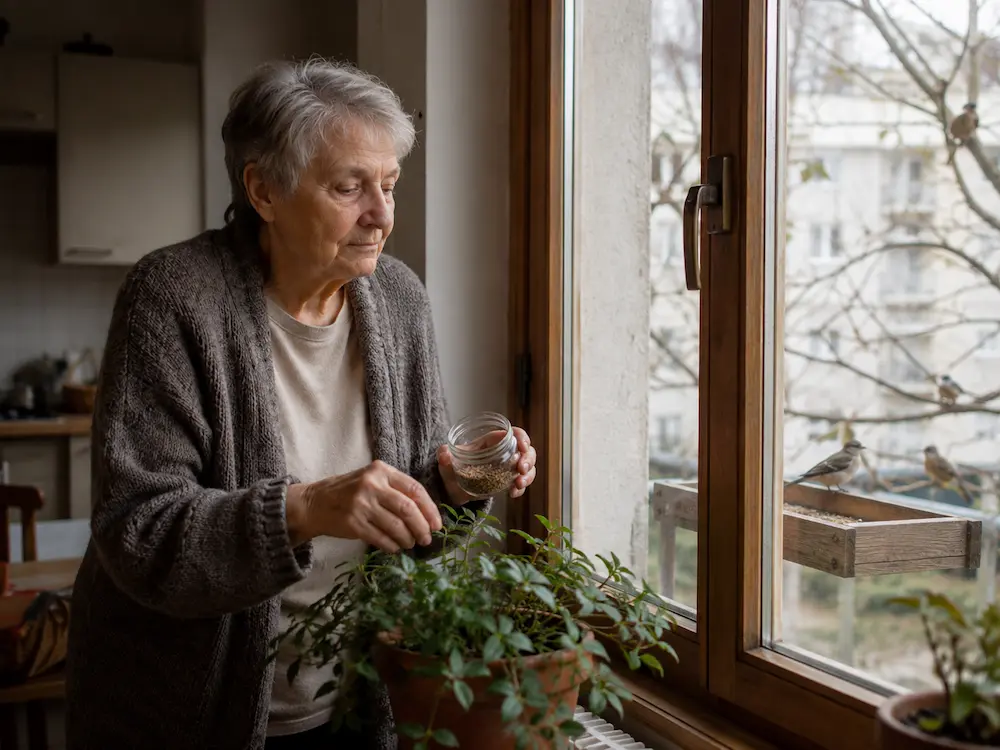 Femme âgée nourrissant les oiseaux pour rompre l’isolement après le deuil de son animal