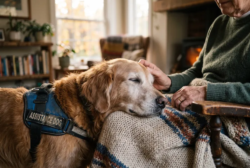 Chien d'assistance âgé recevant une caresse sur les genoux de son bénéficiaire au coin du feu