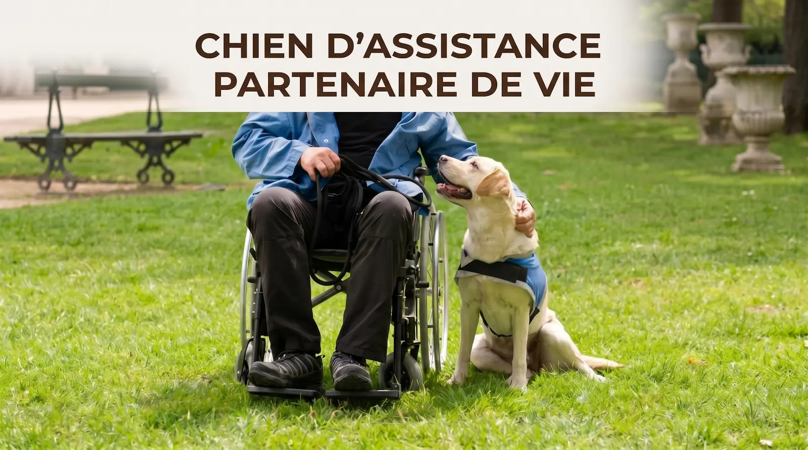 Personne en fauteuil roulant et son chien d'assistance assis dans un parc. Bannière texte en haut : "CHIEN D'ASSISTANCE PARTENAIRE DE VIE".