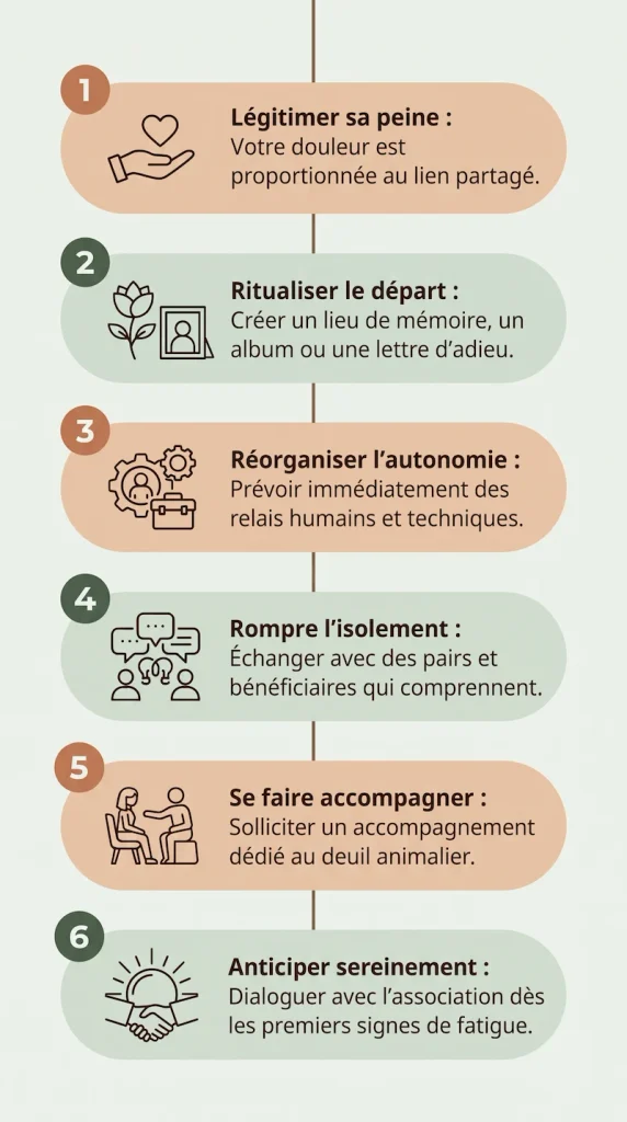 Infographie détaillant 6 repères pour le deuil d'un chien d'assistance : légitimer sa peine, ritualiser, réorganiser l'autonomie, rompre l'isolement, se faire accompagner et anticiper.